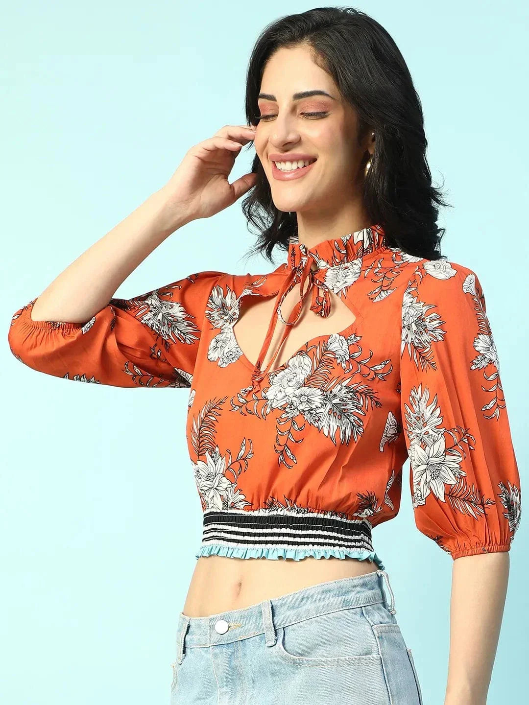 Rage Rust Floral Print Keyhole Neck Smocking Detail Women Crop Top