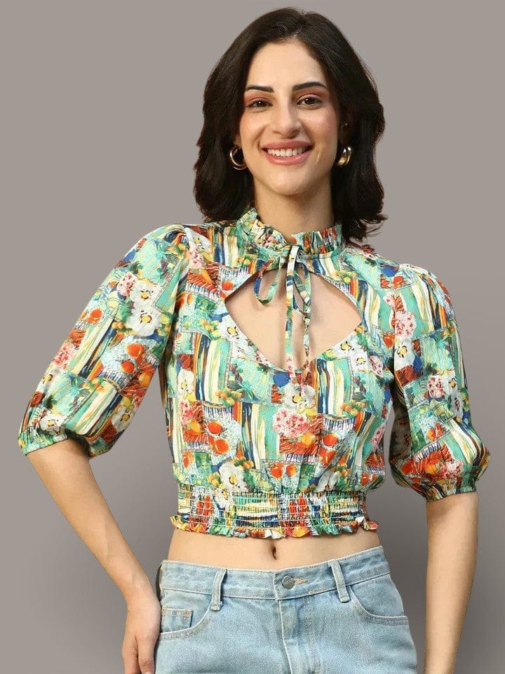 Women Crop Top - Multicolor Printed Keyhole Neck With Smocking Detail, Casual Polyester