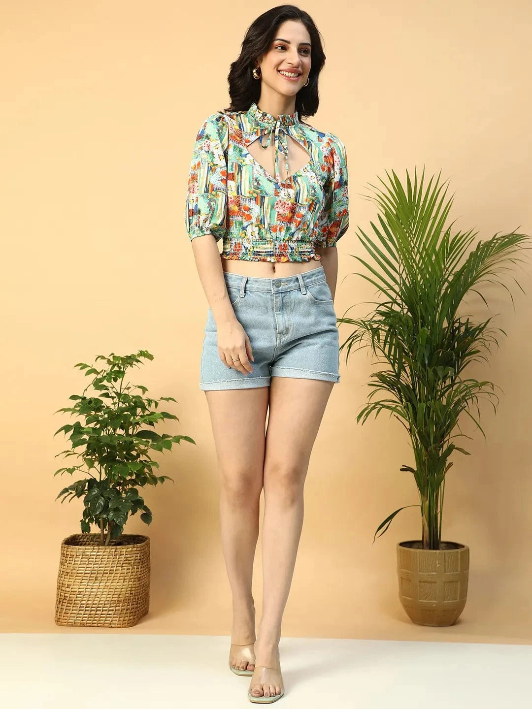 Multicolor Printed Keyhole Neck Smocking Detail Women Crop Top
