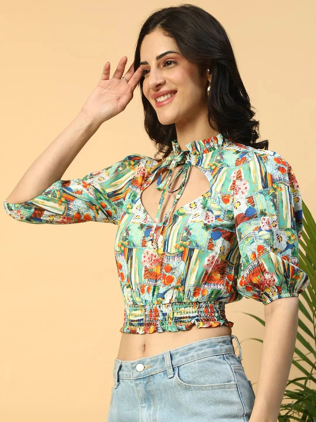 Multicolor Printed Keyhole Neck Smocking Detail Women Crop Top