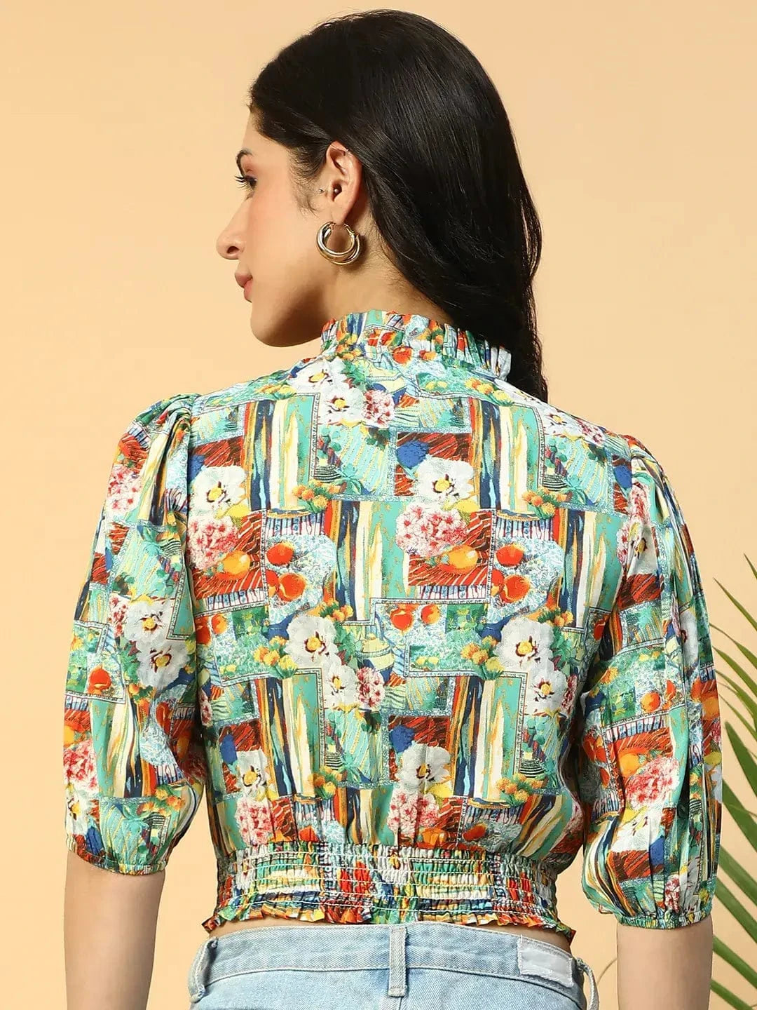 Multicolor Printed Keyhole Neck Smocking Detail Women Crop Top