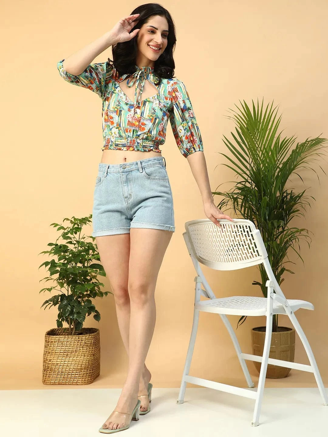 Multicolor Printed Keyhole Neck Smocking Detail Women Crop Top