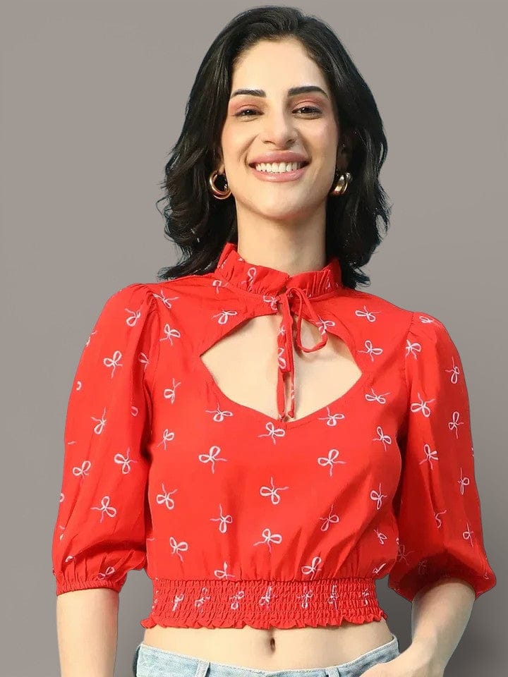 Red Floral Crop Top - Women's Smocking Detail Keyhole Neck Blouse, Casual Summer Style