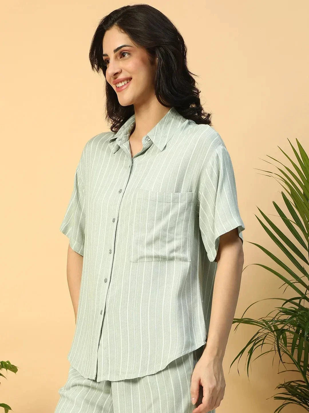 Green Stripe Print Short Sleeve Collared Rayon Dobby Women Shirt - oxolloxo