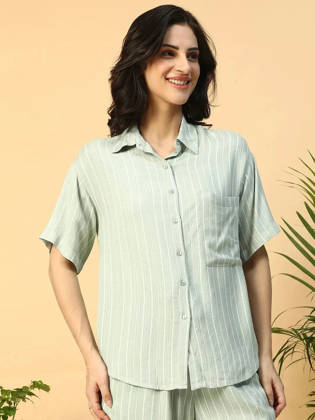 Green Stripe Print Short Sleeve Collared Rayon Dobby Women Shirt - oxolloxo