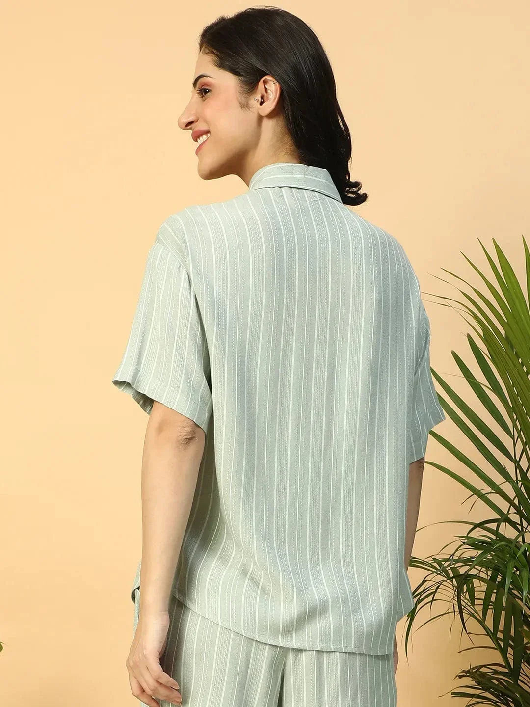 Green Stripe Print Short Sleeve Collared Rayon Dobby Women Shirt - oxolloxo