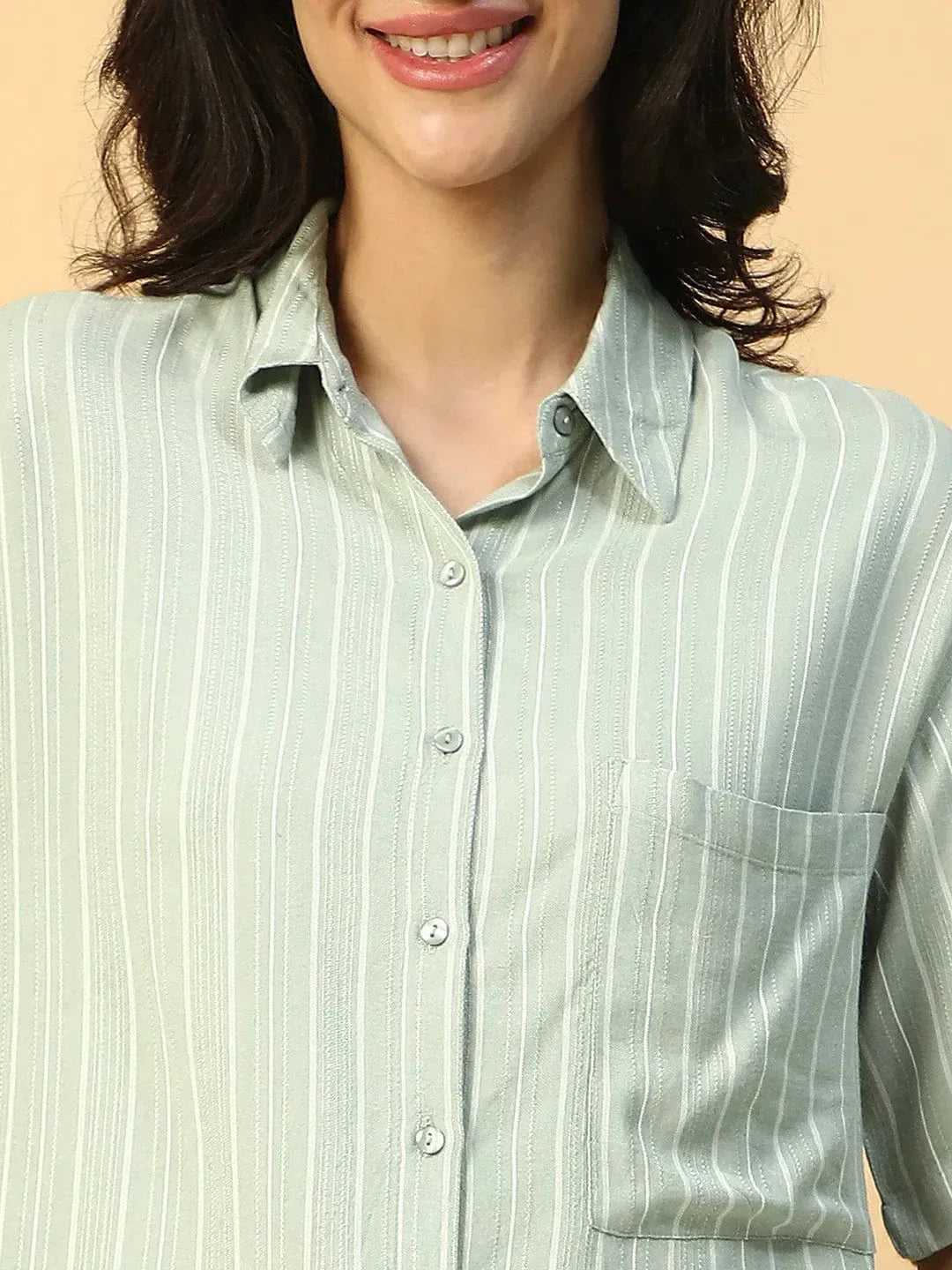Green Stripe Print Short Sleeve Collared Rayon Dobby Women Shirt - oxolloxo