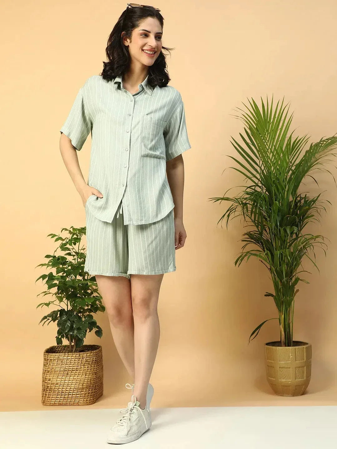 Green Stripe Print Short Sleeve Collared Rayon Dobby Women Shirt - oxolloxo