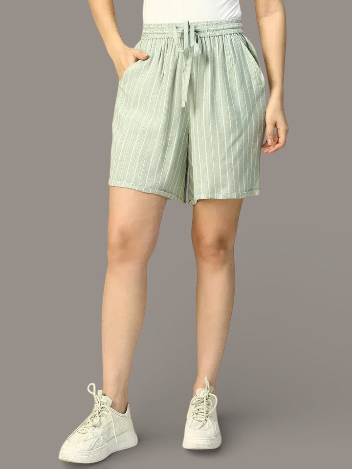 Alley Green Stripe Print Elasticated With Tie-Up String Women Shorts