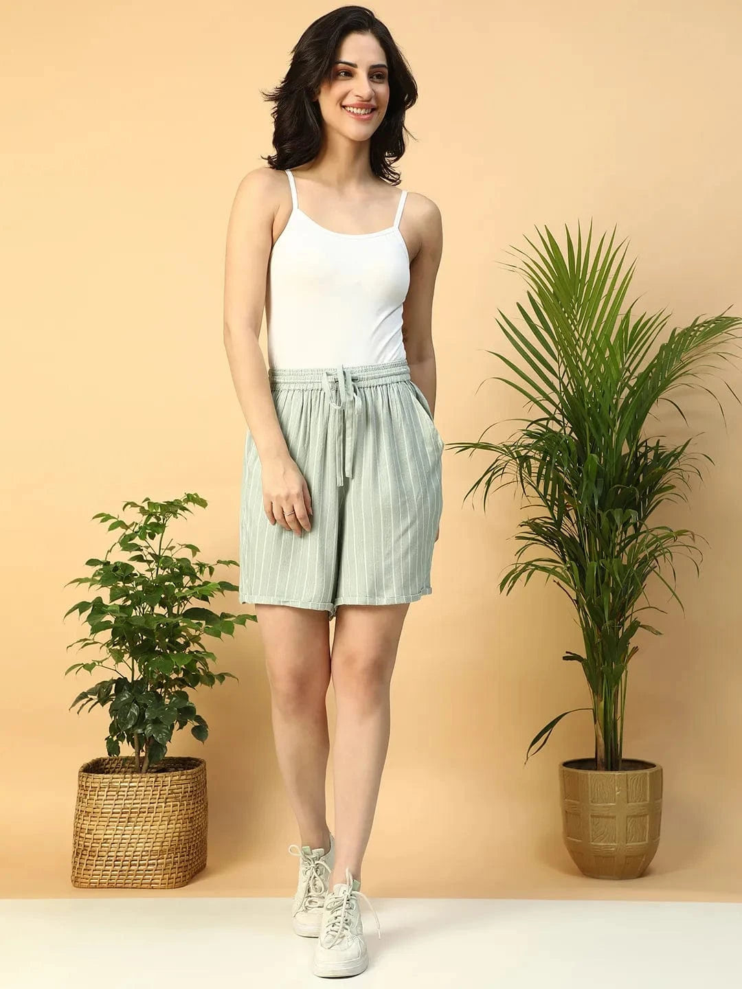 Alley Green Stripe Print Elasticated With Tie-Up String Women Shorts