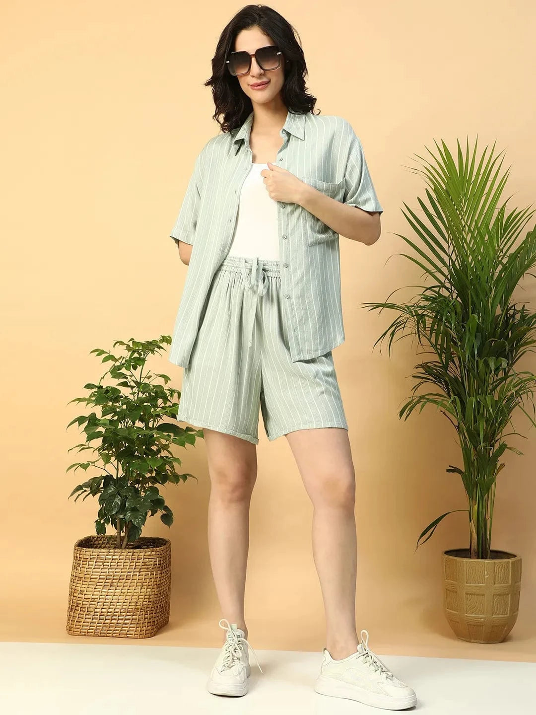 Alley Green Stripe Print Elasticated With Tie-Up String Women Shorts