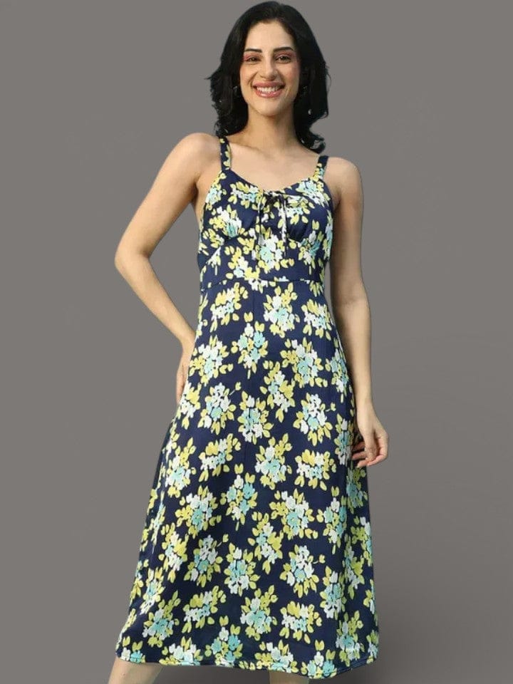 Sleeveless Satin Dress - Multicolor Floral Print V-Neck Below Knee Dress