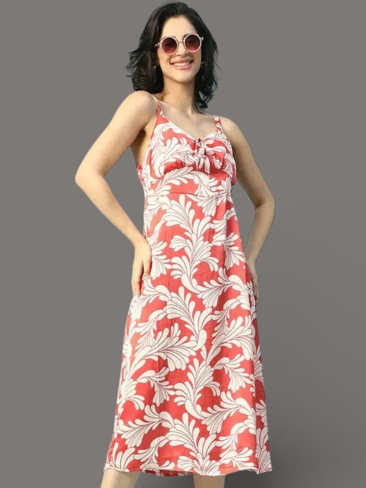 Red Floral Satin Dress - Sleeveless Adjustable Shoulder Strap Below Knee Dress