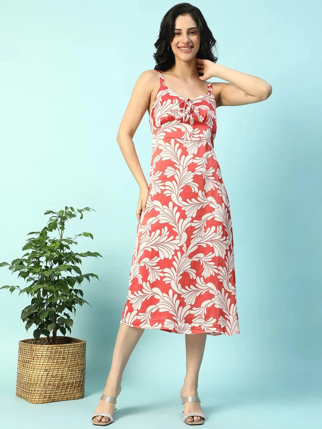 Power Red Floral Print Shoulder Strap Sleeveless Women Satin Dress