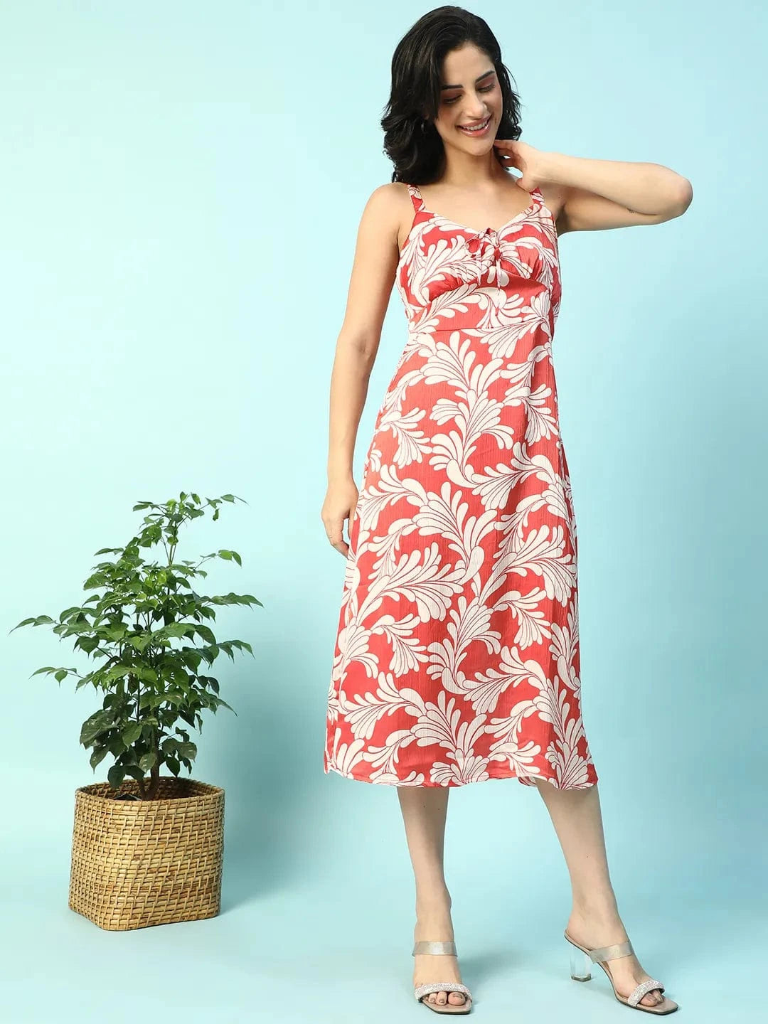 Power Red Floral Print Shoulder Strap Sleeveless Women Satin Dress