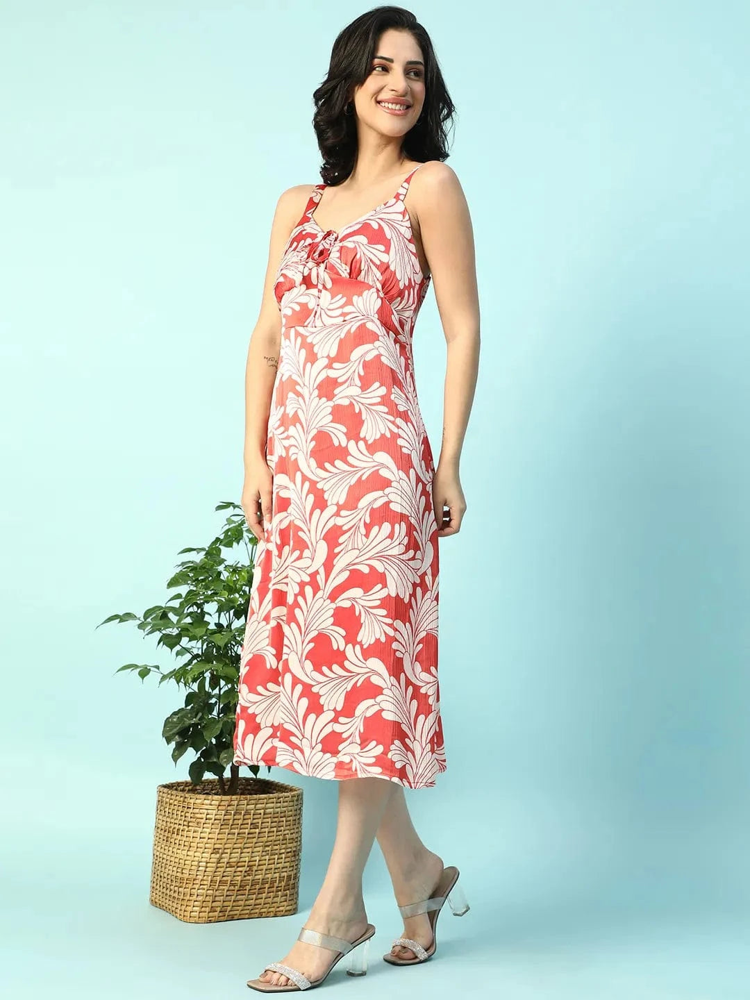 Power Red Floral Print Shoulder Strap Sleeveless Women Satin Dress