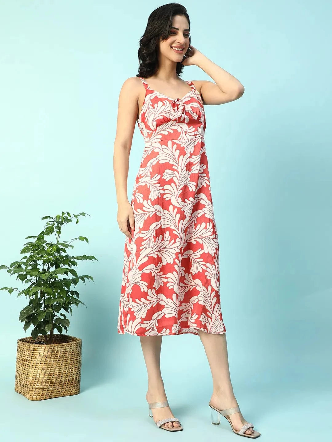 Power Red Floral Print Shoulder Strap Sleeveless Women Satin Dress