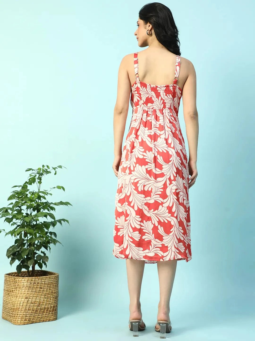 Power Red Floral Print Shoulder Strap Sleeveless Women Satin Dress
