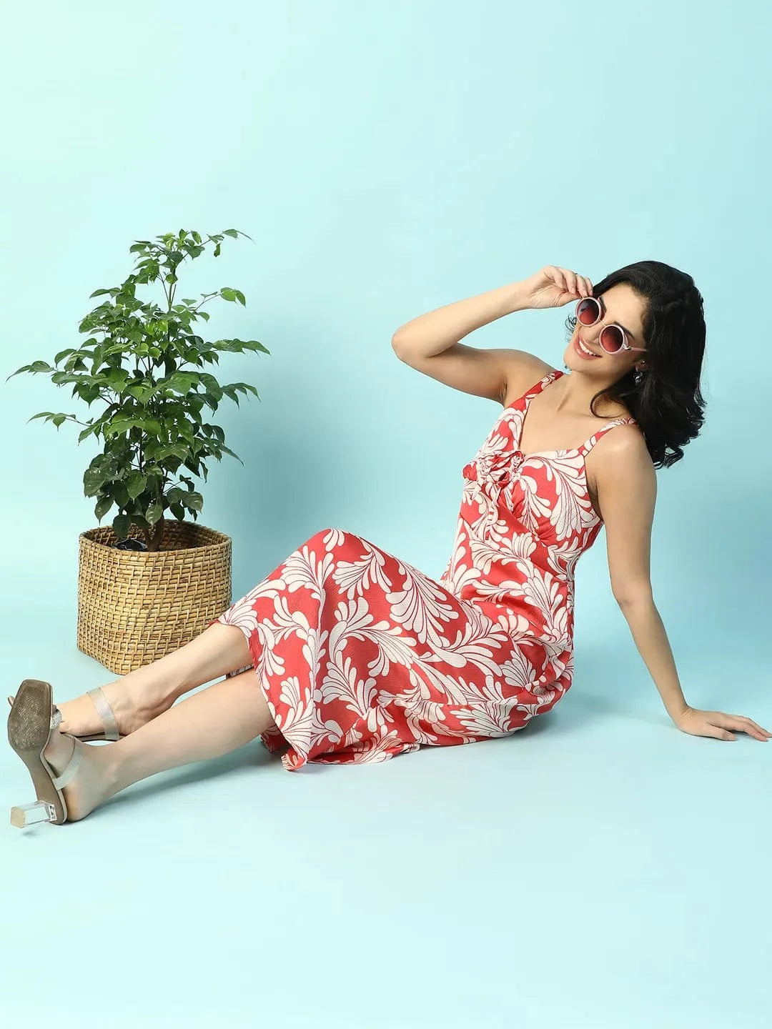 Power Red Floral Print Shoulder Strap Sleeveless Women Satin Dress