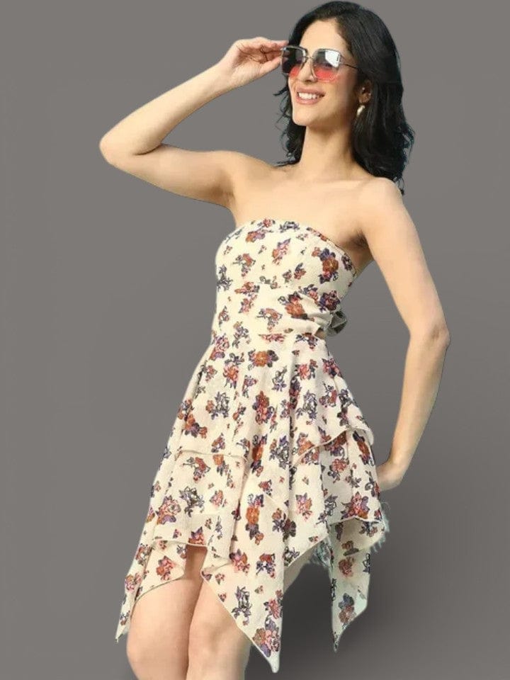 Beige Floral Dress - Off Shoulder Ruffle Detail High Low Tie Knot Back