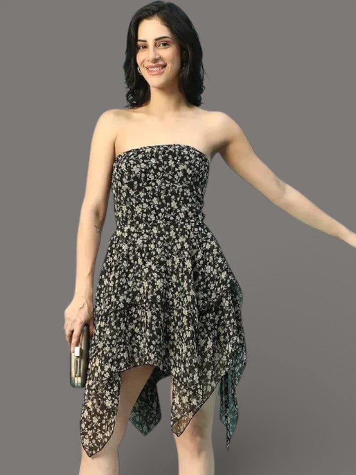 Black Floral Dress - Off Shoulder High Low Ruffle Detail Tie Knot Back