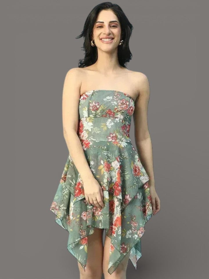 Green Floral Dress - Off Shoulder High Low With Ruffle Detail & Tie Knot Back