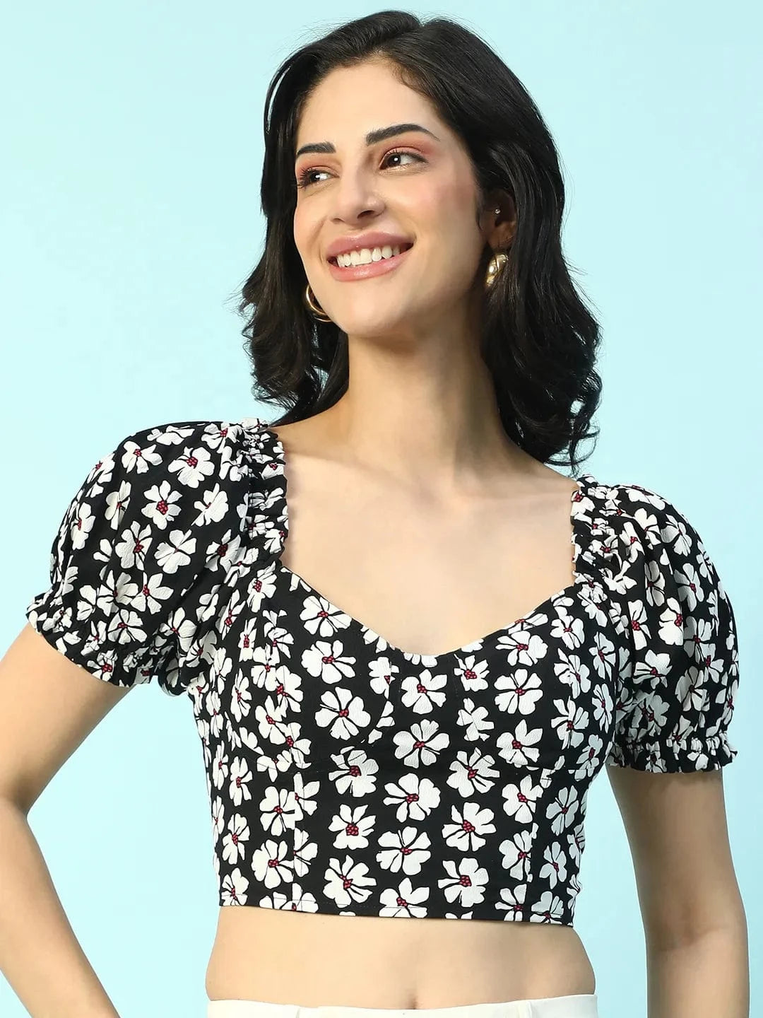 Whirl Black Floral Print Smocking Detail Women Crop Top