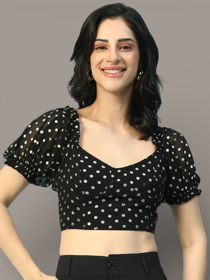 Black Lurex Crop Top - Women's Smocked Partywear Short Sleeve Blouse