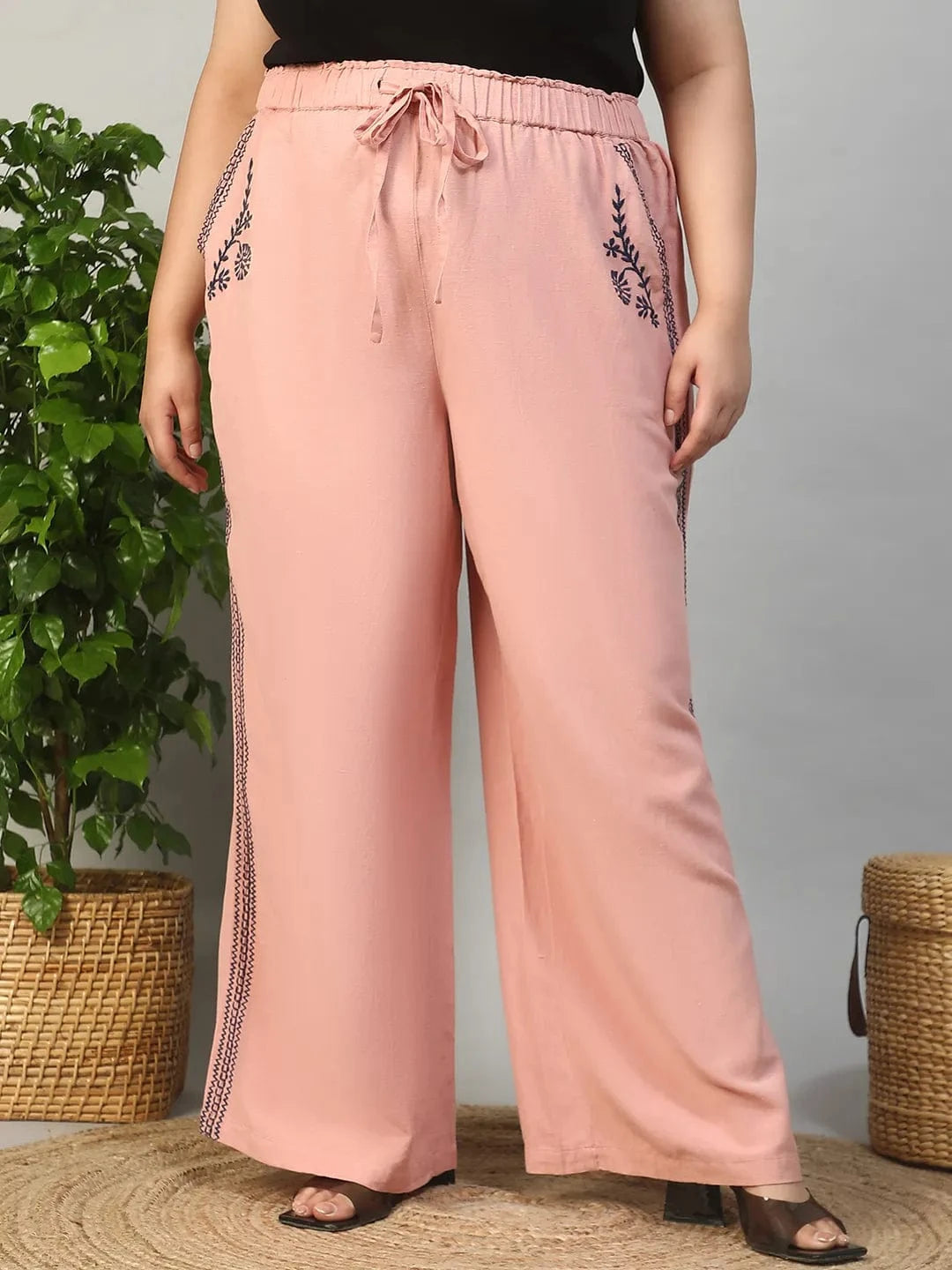 Blastic Pink Elasticated With Tie -Up Detail Embroidered Plus Size Women Cotton Linen Pant