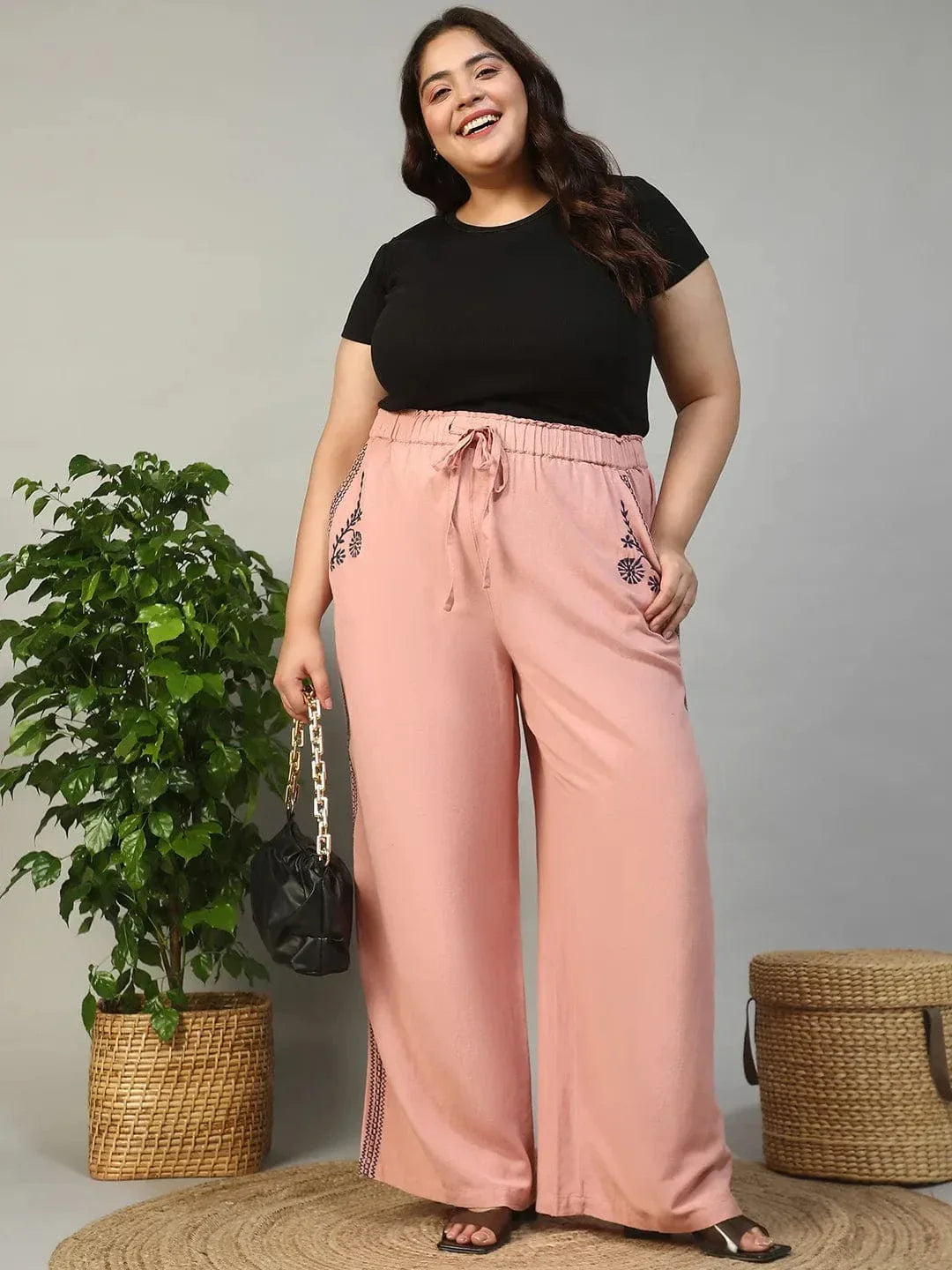 Linen Pants Women's Plus Size Slacks Blastic Pink Elasticated