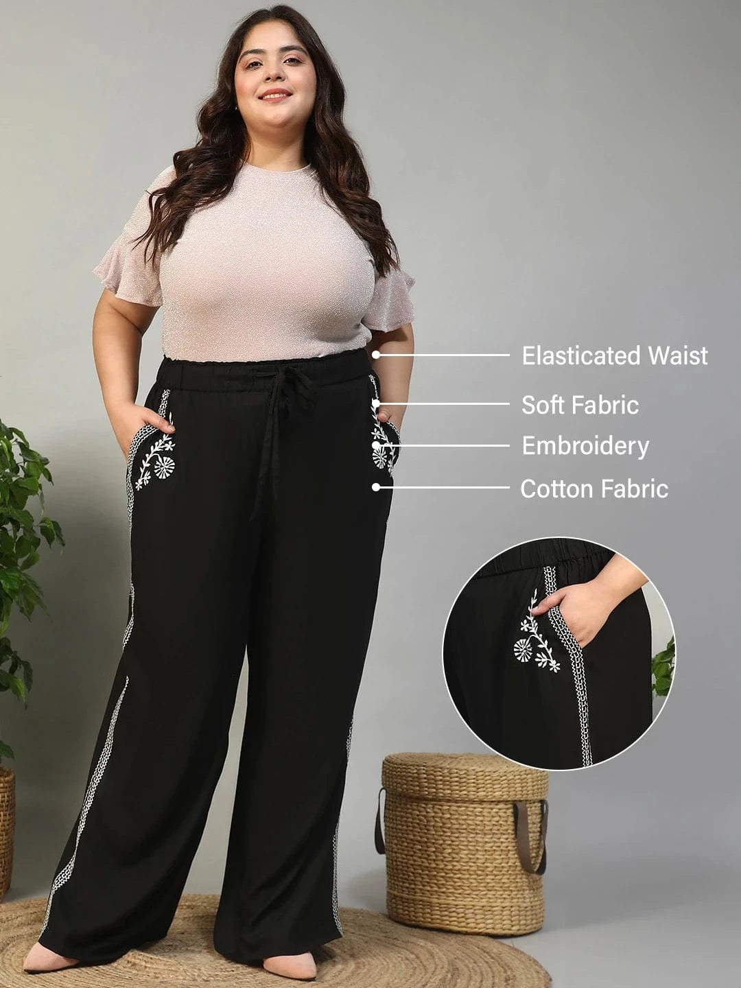 Bang On Black Elasticated With Tie -Up Detail Embroidered Plus Size Women Cotton Linen Pant