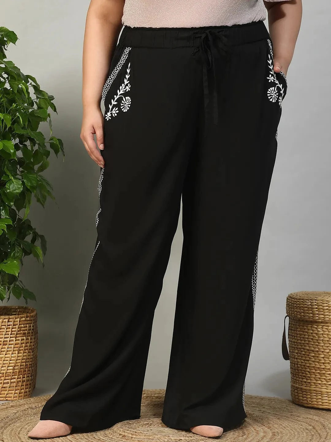 Bang On Black Elasticated With Tie -Up Detail Embroidered Plus Size Women Cotton Linen Pant