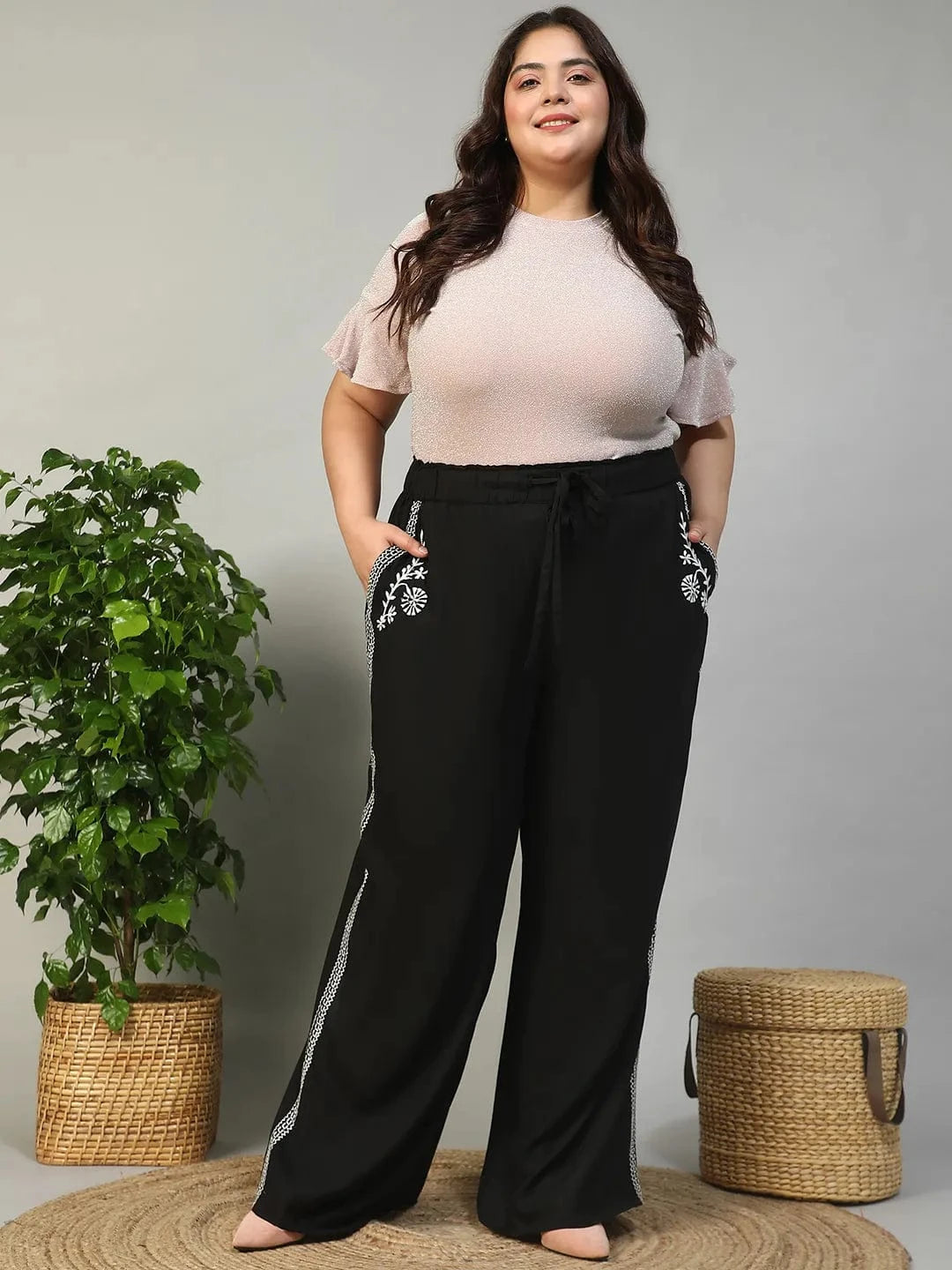 Bang On Black Elasticated With Tie -Up Detail Embroidered Plus Size Women Cotton Linen Pant