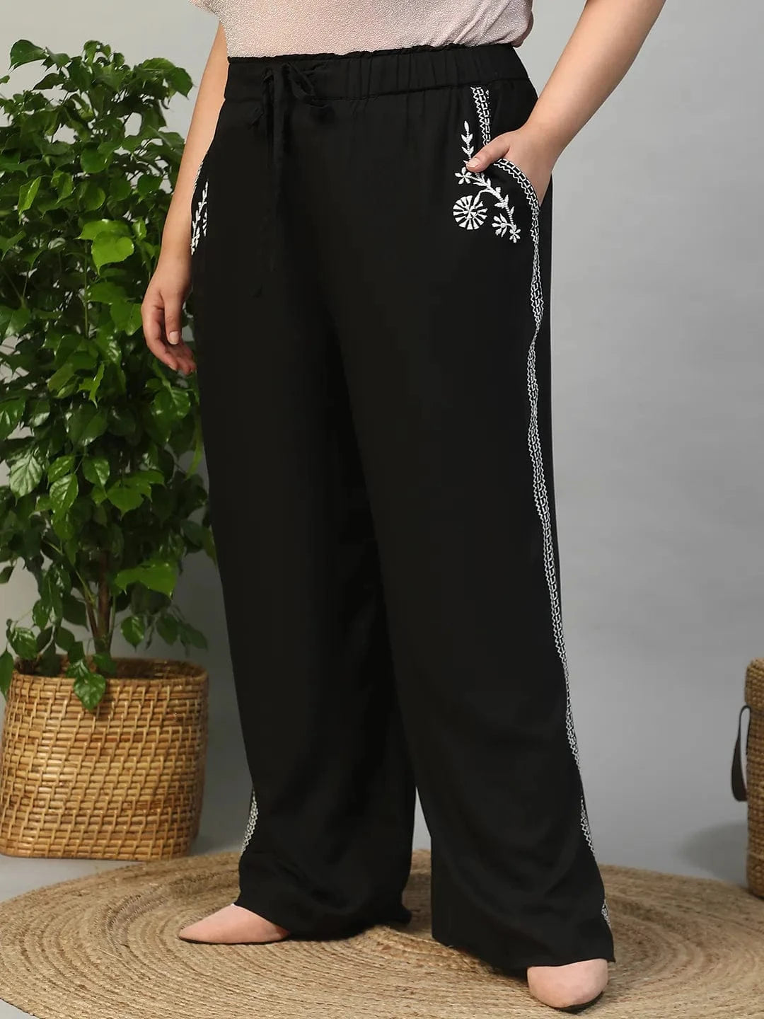 Bang On Black Elasticated With Tie -Up Detail Embroidered Plus Size Women Cotton Linen Pant