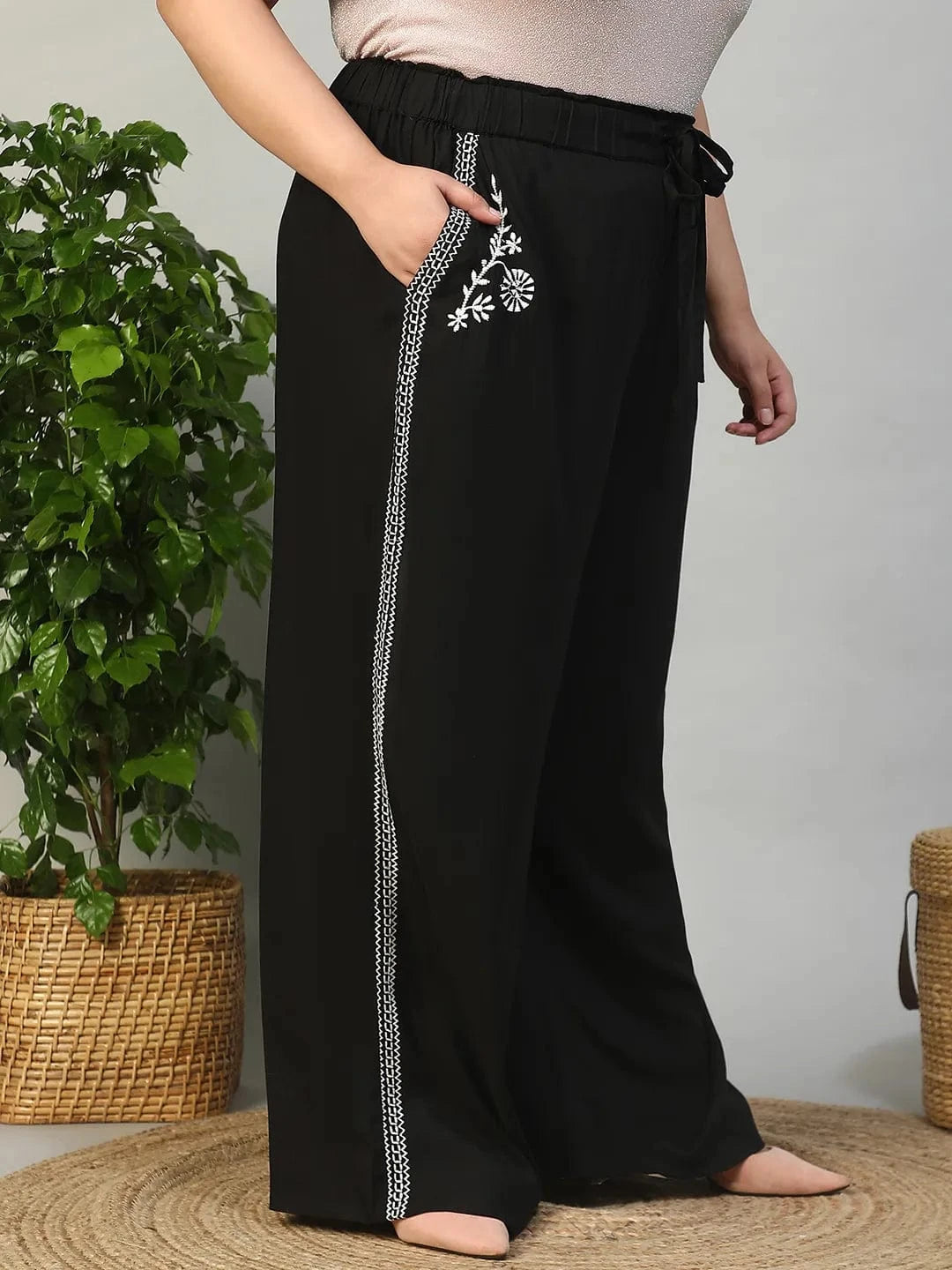Bang On Black Elasticated With Tie -Up Detail Embroidered Plus Size Women Cotton Linen Pant