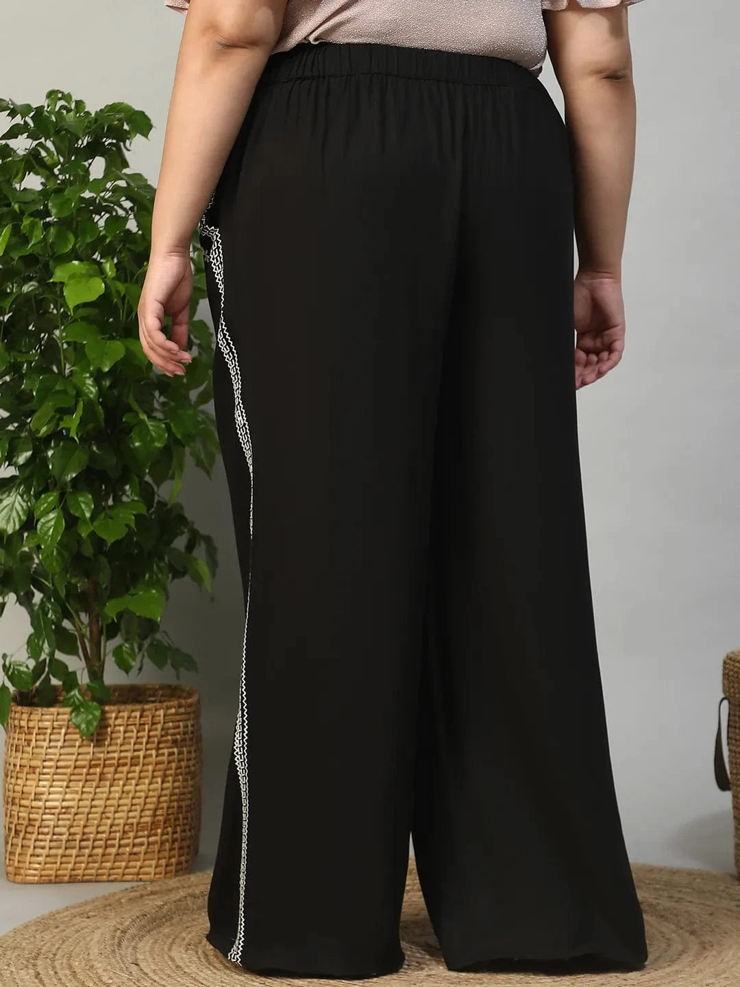 Bang On Black Elasticated With Tie -Up Detail Embroidered Plus Size Women Cotton Linen Pant