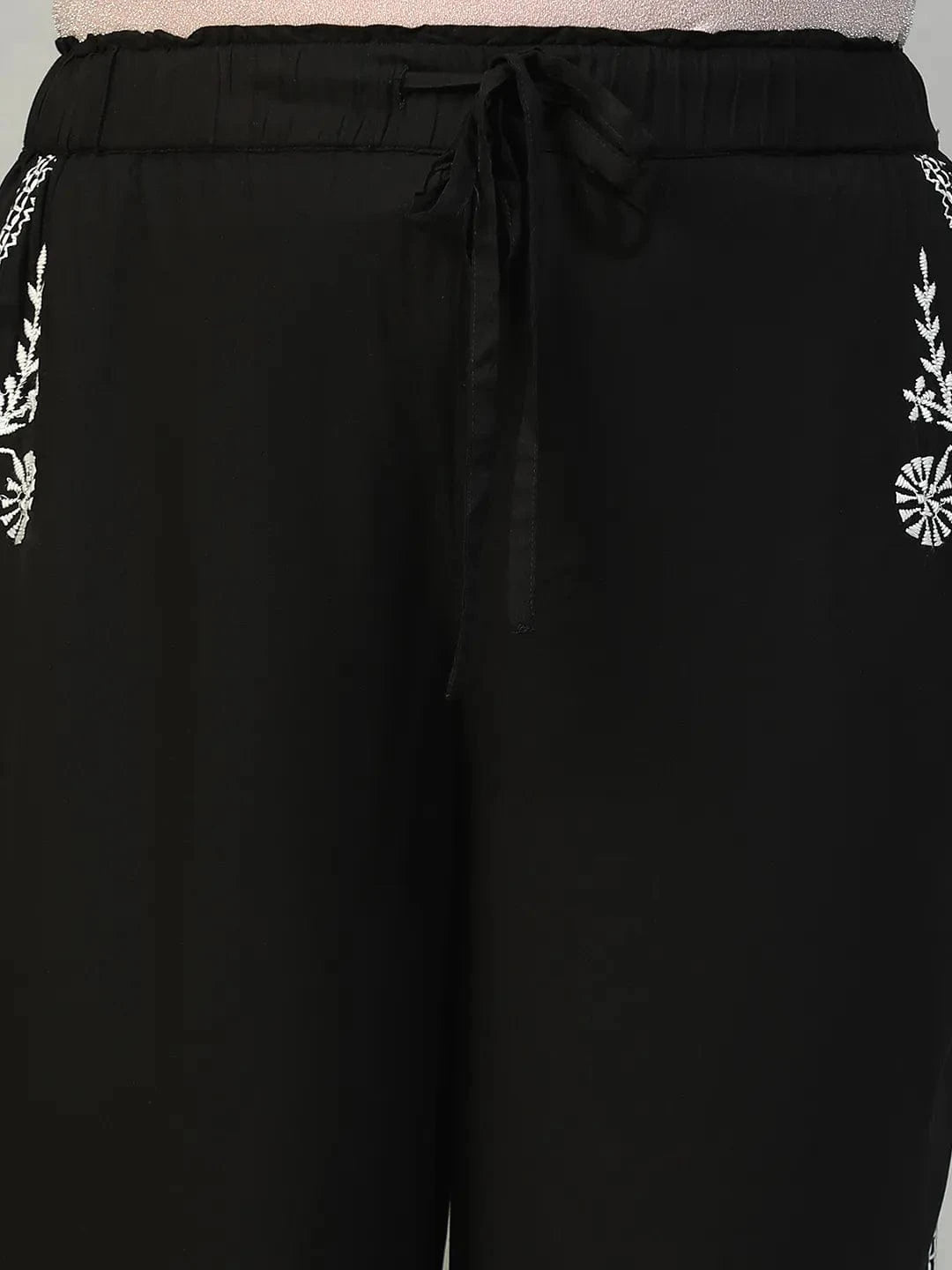 Bang On Black Elasticated With Tie -Up Detail Embroidered Plus Size Women Cotton Linen Pant