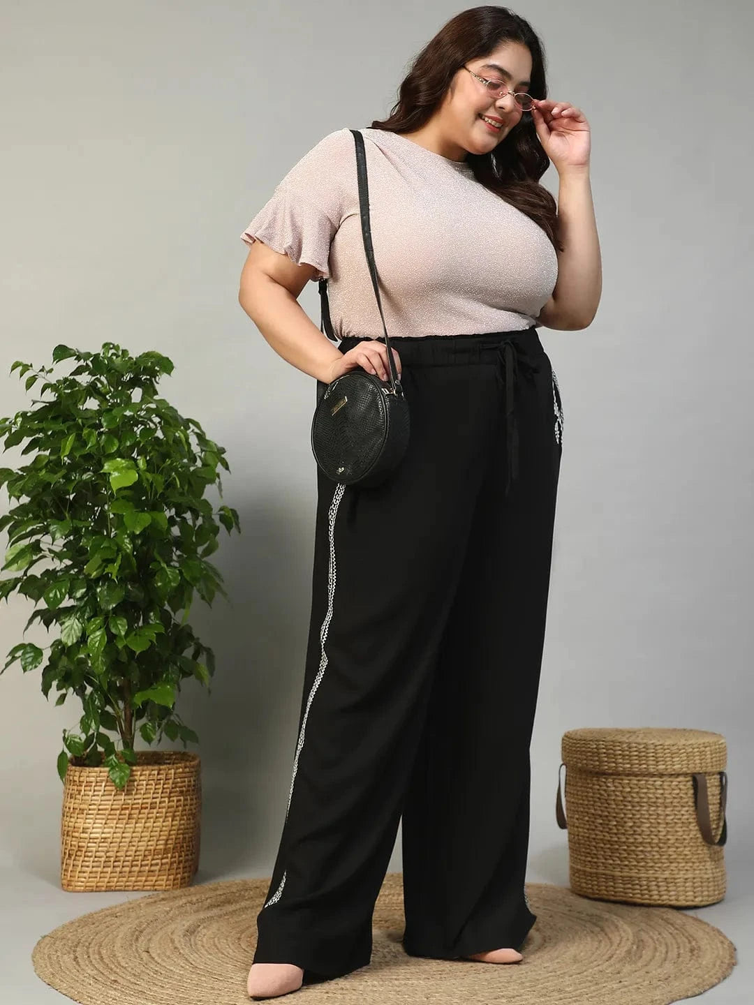 Bang On Black Elasticated With Tie -Up Detail Embroidered Plus Size Women Cotton Linen Pant