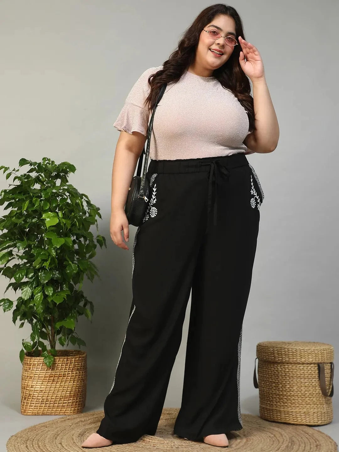 Bang On Black Elasticated With Tie -Up Detail Embroidered Plus Size Women Cotton Linen Pant