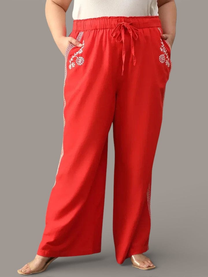 Casual Red Elasticated With Tie -Up Detail Embroidered Plus Size Women Cotton Linen Pant