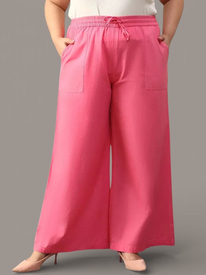 Vibey Pink Elasticated With Tie -Up Detail Plus Size Women Cotton Linen Flare Pant