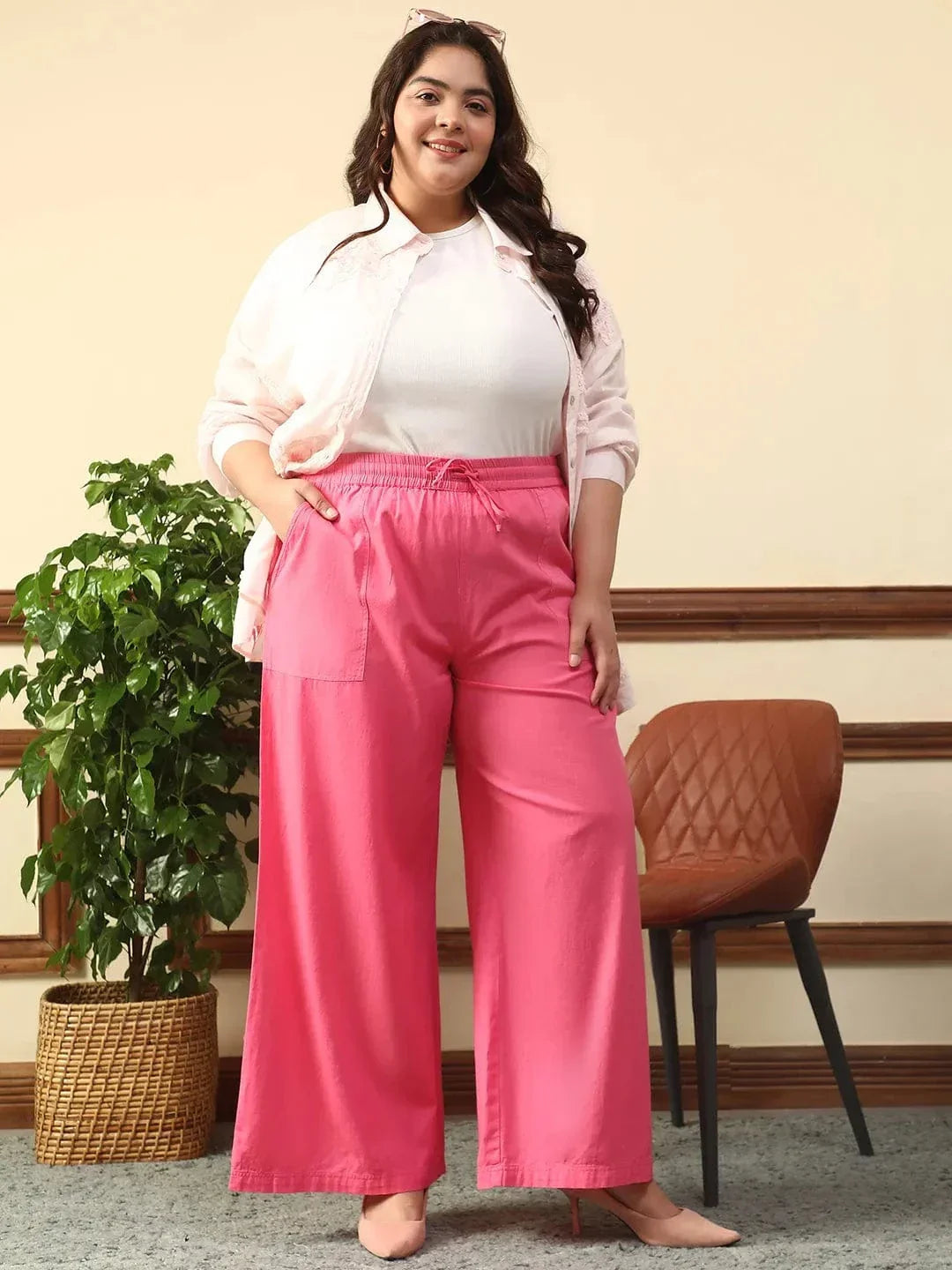 Vibey Pink Elasticated With Tie -Up Detail Plus Size Women Cotton