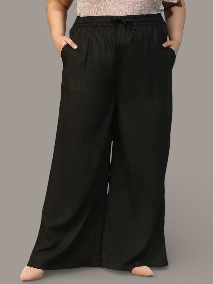 Marked Black Elasticated With Tie -Up Detail Plus Size Women Cotton Linen Flare Pant