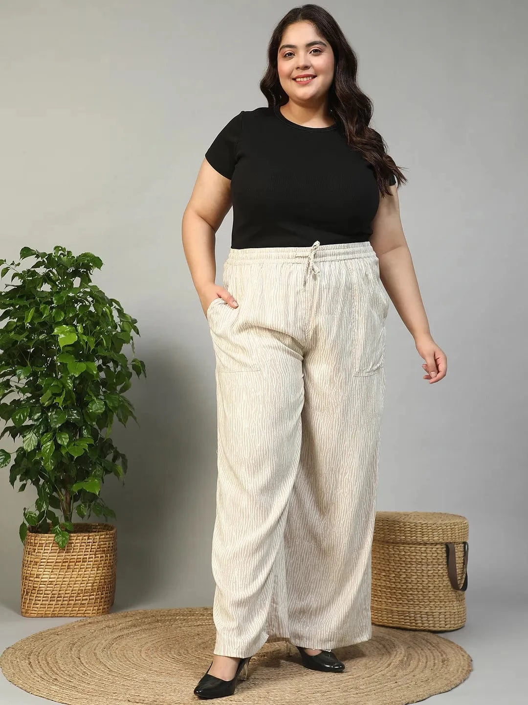 Beige Elasticated With Tie -Up Detail Rayon Dot Print Plus Size Women Flare Pant