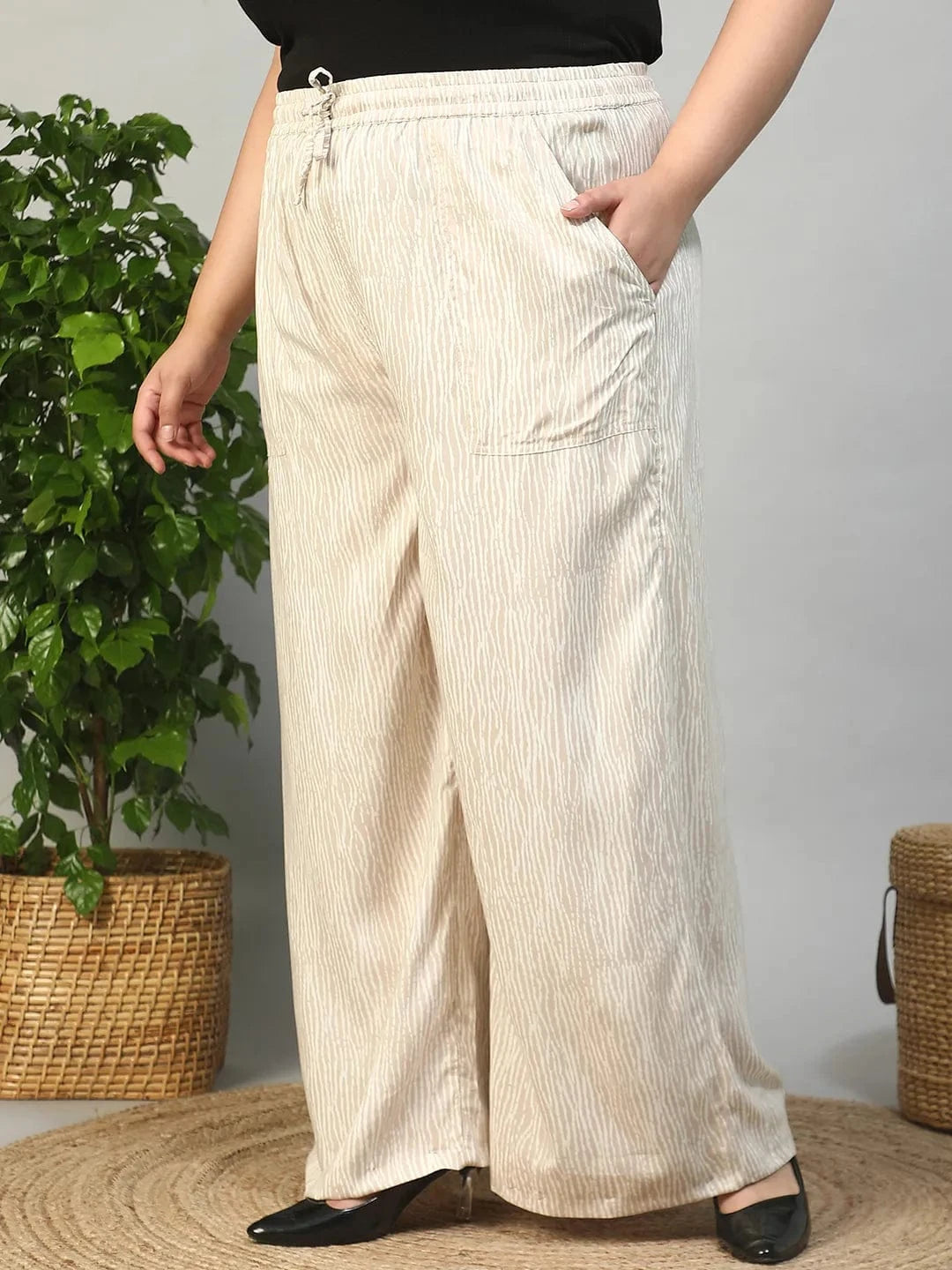 Beige Elasticated With Tie -Up Detail Rayon Dot Print Plus Size Women Flare Pant