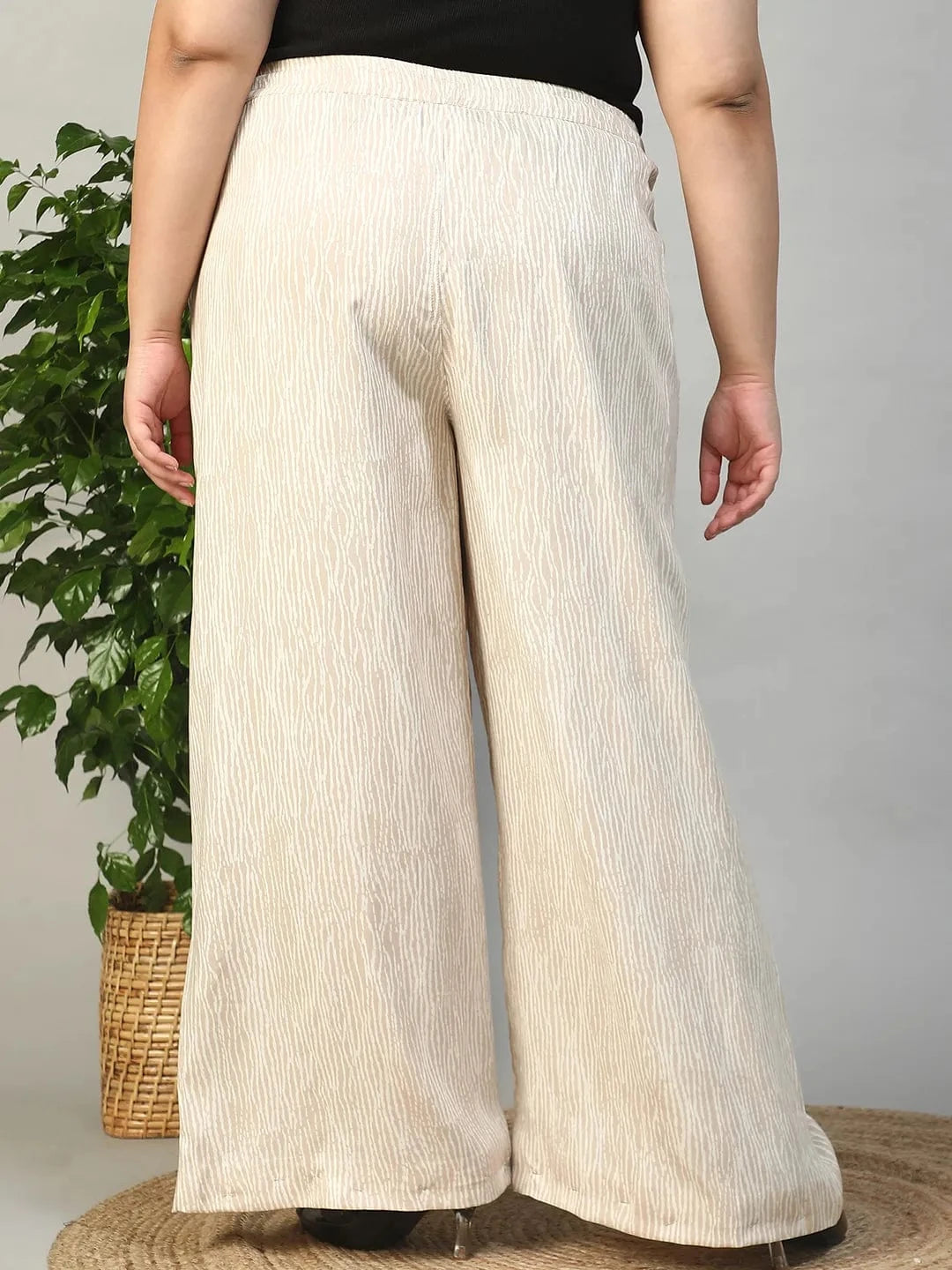 Beige Elasticated With Tie -Up Detail Rayon Dot Print Plus Size Women Flare Pant