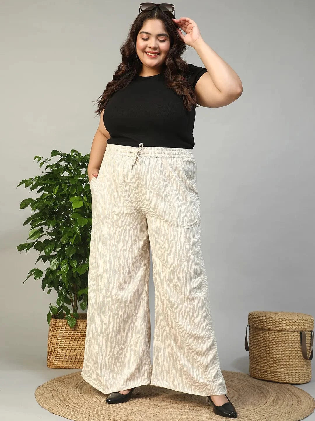 Beige Elasticated With Tie -Up Detail Rayon Dot Print Plus Size Women Flare Pant