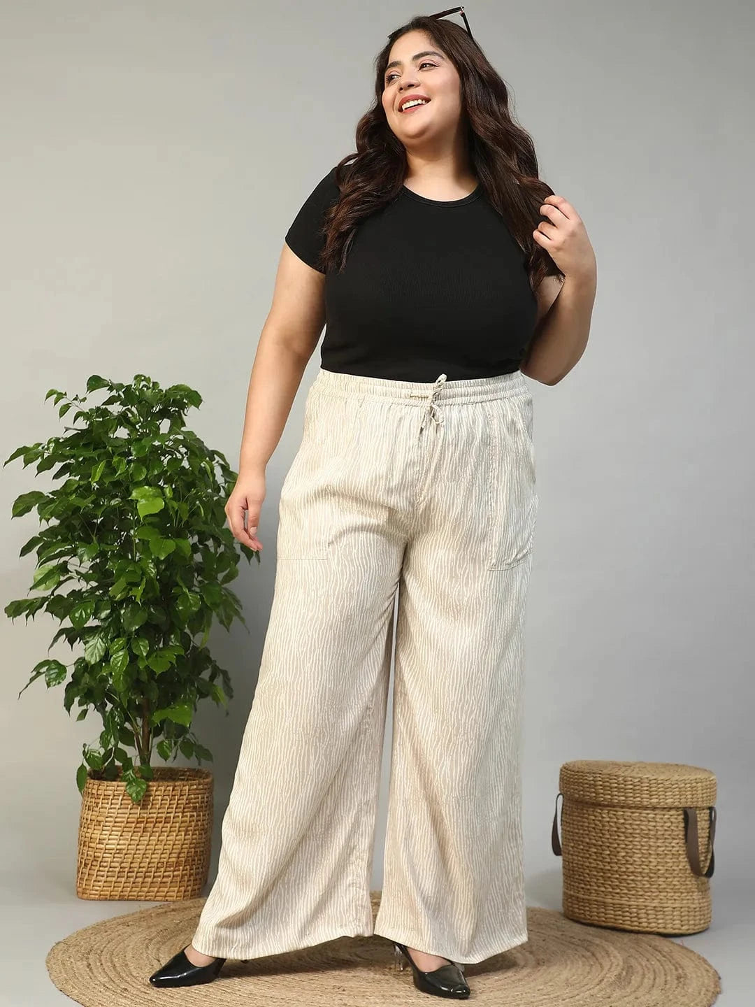 Beige Elasticated With Tie -Up Detail Rayon Dot Print Plus Size Women Flare Pant