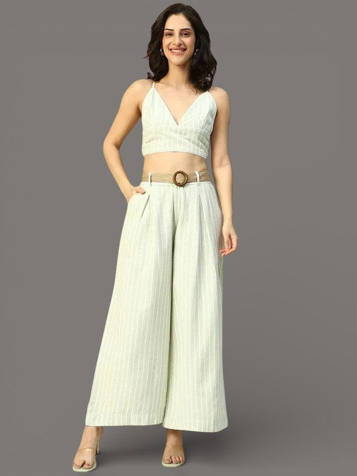 Light Green Stripe Print V-Neck Crop Top With Pant Women Cotton Linen Co-Ord Set