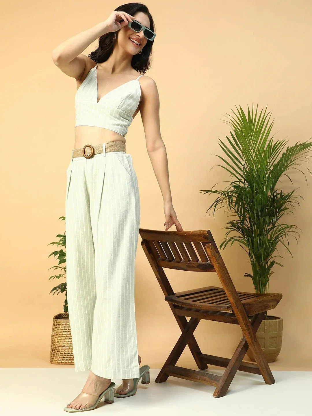 Light Green Stripe Print V-Neck Crop Top With Pant Women Cotton Linen  Co-Ord Set